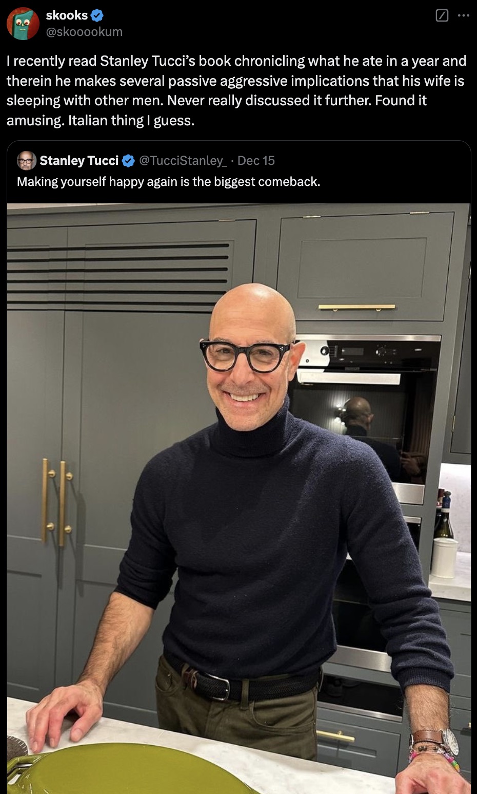 Stanley Tucci - skooks ... I recently read Stanley Tucci's book chronicling what he ate in a year and therein he makes several passive aggressive implications that his wife is sleeping with other men. Never really discussed it further. Found it amusing. I